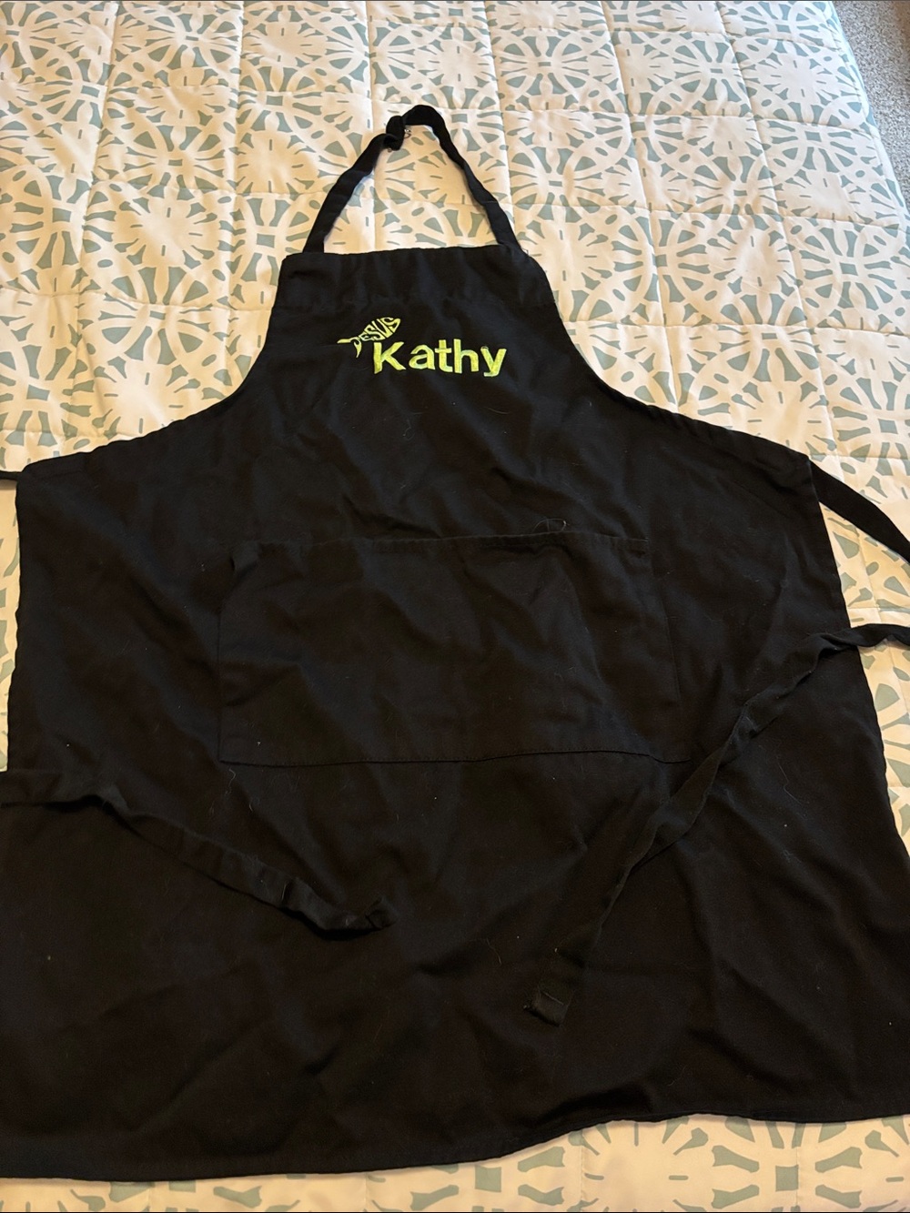 Personalized Black Kitchen Apron with Lime Green Embroidery - Kathy